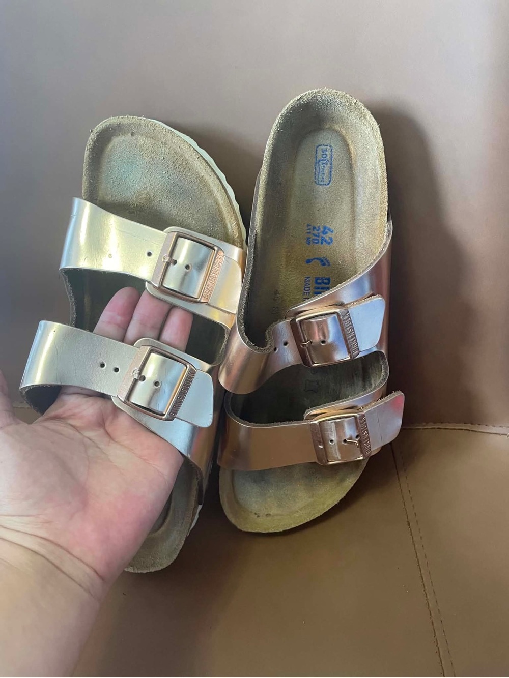 Birkenstock Kids Two-Strap Sandals in Metallic Rose Gold